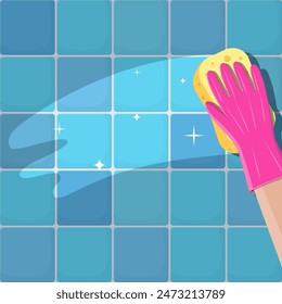 Hand in gloves with sponge wash wall in bathroom or kitchen. Cleaning service. Washing sponge. Kitchenware scouring pads. Kitchen and bath cleaning tool accestories. Vector illustration in flat style