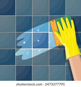 Hand in gloves with sponge wash wall in bathroom or kitchen. Cleaning service. Washing sponge. Kitchenware scouring pads. Kitchen and bath cleaning tool accestories. Vector illustration in flat style