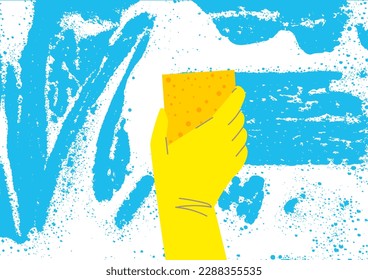 Hand in gloves with sponge wipes glass. Washing sponge. Cleaning service concept. Cleanup tools. Foam water. Liquid on glass. Soap bubbles. Washing the surface with foam sponge. Vector illustration