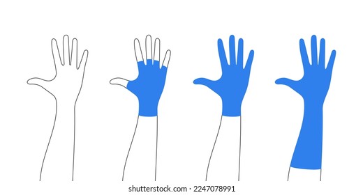 Hand gloves types. Gloves on hand. Types of gloves. Vector illustration