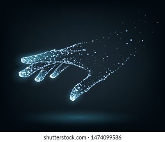 Hand of glowing blue particles, artificial arm, technology concept