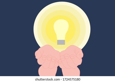 Hand with glowing yellow light bulb. Idea, imagination, inspiration, motivation, creativity concept. 