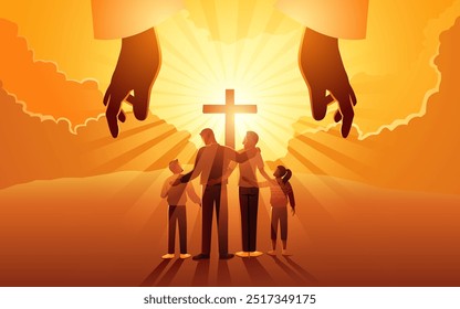 The hand of God protects and blesses a Christian family heading to the top of a hill on which there is a cross.