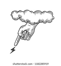 Hand of God sends lightning from sky cloud engraving vector illustration. Scratch board style imitation. Black and white hand drawn image.