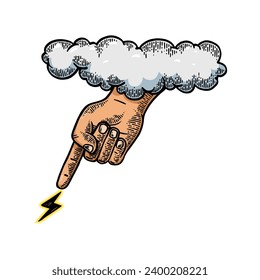 Hand of God sends lightning from sky cloud engraving sketch style hand drawn color vector illustration. Scratch board style imitation. Black and white hand drawn image.