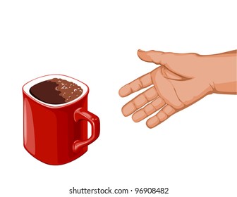 hand goes to the red cup of coffee to take her