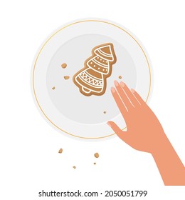 Hand going to take last cookie from circle plate. Traditional Gingerbread Christmas tree cookie and crumbs on white plate. Flat vector isolated on white. Sweet dessert, bakery, pastry for banner, card