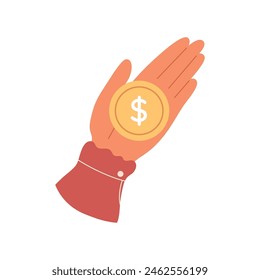 Hand with gold coin. Cash currency concept. Human hand catching money
