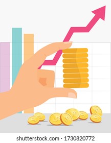 Mano con moneda de oro. El concepto de rentabilidad de la inversión. El crecimiento de las empresas se reduce al éxito. El gráfico incrementa los beneficios. Las finanzas se están elevando. Ilustración vectorial.