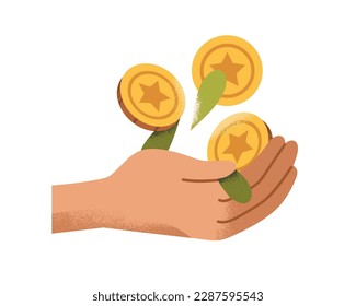 Hand with gold coins, money, cash. Finance, wealth concept. Financial cashback, bonus, prosperity. Capital, deposit, income icon. Flat graphic vector illustration isolated on white background