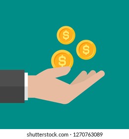 Hand with gold coins. Vector flat illustration on blue. Give, receive, take, earn money. Financial success, salary, investment, dividend. Currency, pay
