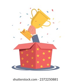 Hand with gold cup sticks out of open red gift box with golden stars, falling confetti on background, competition winner award, surprise present cartoon flat style isolated vector concept