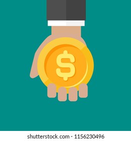 Hand with gold dollar coin. Vector flat illustration on blue. Give, receive, take, earn money. Financial success, salary, investment, dividend. Currency, pay