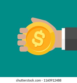 Hand with gold dollar coin. Vector flat illustration on blue. Give, receive, take, earn money. Financial success, salary, investment, dividend. Currency, pay