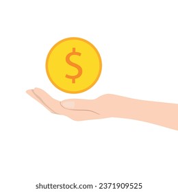 Mano con moneda de oro. Ilustración vectorial aislada en fondo blanco. Adecuado para publicidad y promoción.