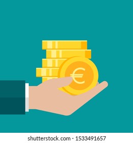 Hand with gold euro coins stack. Vector flat illustration on blue. Give, receive, take, earn money. Financial success, salary, investment, dividend. Currency, pay svg