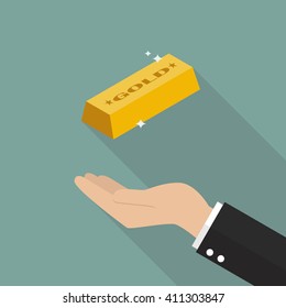 Hand with gold ingot. Flat style design with long shadow