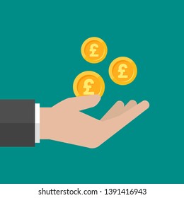 Hand with gold pound sterling coins. Vector flat illustration on blue. Give, receive, take, earn money. Financial success, salary, investment, dividend. 
