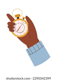 Hand with gold stopwatch flat icon. Vector illustration