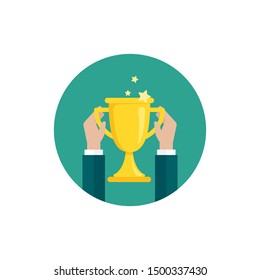 Hand with gold trophy, winning cup in blue circle. Icon isolated on white. First place, award bowl. Symbol of success, victory, championship. Take, give, hold, gain prize. Vector flat illustration. 
