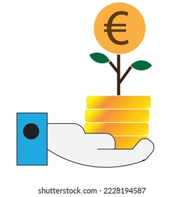 A hand with a golden euro coin as a flower. A concept of financial investment  - Money illustration, growth icon, 