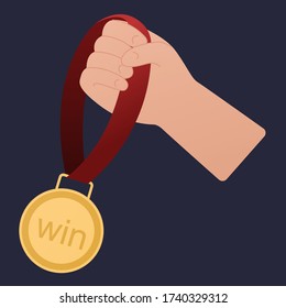 Hand with golden medal on blue background. Contest achievement, victory. Winner medal business concept. Handdrawn vector flat style.