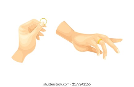 Hand with Golden Ring for Engagement or Wedding Ceremony Vector Set