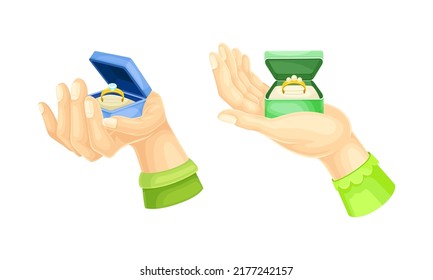 Hand with Golden Ring with Gem for Engagement or Wedding Ceremony Vector Set