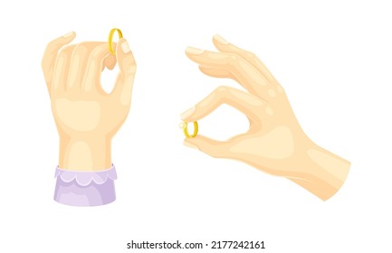 Hand with Golden Ring with Gem for Engagement or Wedding Ceremony Vector Set