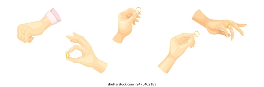 Hand with Golden Ring with Gem for Engagement or Wedding Ceremony Vector Set