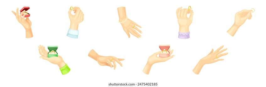 Hand with Golden Ring with Gem for Engagement or Wedding Ceremony Vector Set