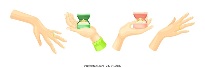 Hand with Golden Ring with Gem for Engagement or Wedding Ceremony Vector Set