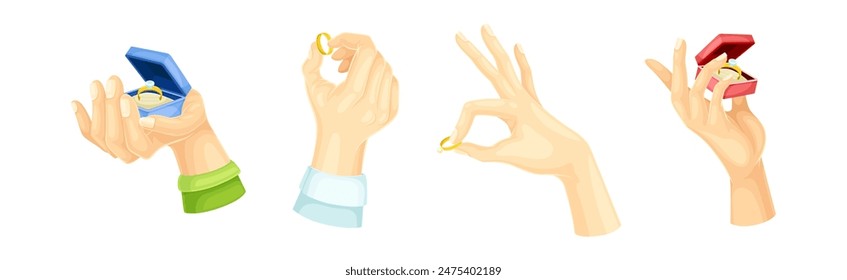 Hand with Golden Ring with Gem for Engagement or Wedding Ceremony Vector Set