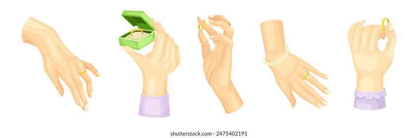 Hand with Golden Ring with Gem for Engagement or Wedding Ceremony Vector Set