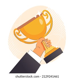 Hand with golden trophy cup, symbol of victory. Abstract vector trophy isolated on white background. Champions award, sports victory concept. Success of the competition, first place, solemn ceremony.