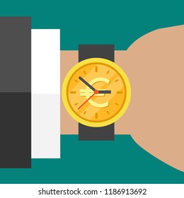 Hand with golden hand watch on wrist with euro sign isolated on turquoise background. Fast time stop watch, limited offer, deadline symbol. Vector illustration. Money, coin, salary. Time is money