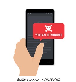 Hand golding smartphone with alert and skull on the screen. Concept of virus, piracy, hacking and security. Flat vector illustration. Isolated vector illustration EPS10