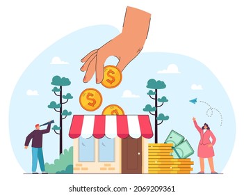 Hand Of Government Or Partners Giving Grants To Business. Tiny People Receiving Money, Searching Financial Assistance And Protection Flat Vector Illustration. Subsidy, Finance, Investment Concept