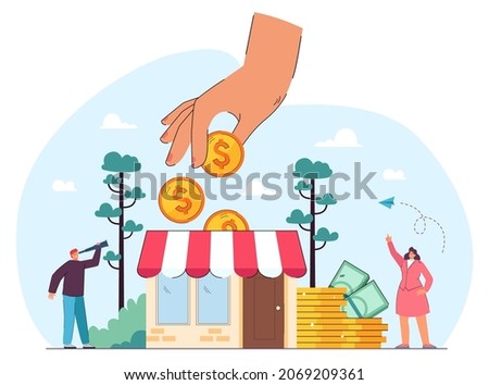 Hand of government or partners giving grants to business. Tiny people receiving money, searching financial assistance and protection flat vector illustration. Subsidy, finance, investment concept