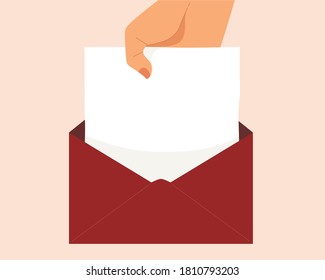 Hand grab blank letter paper out of open red envelope. Invitation card, greeting card, design  template. Concept of correspondence, communication, empty paper, editable vector. Flat illustration.