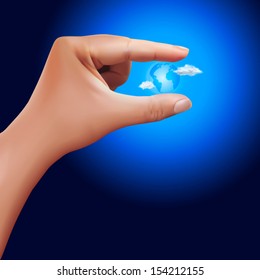 Hand grab the world globe with around cloud and gradient color background
