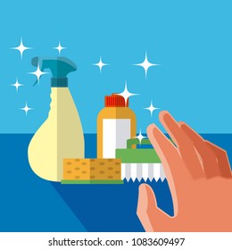 Hand grabbing cleaning products