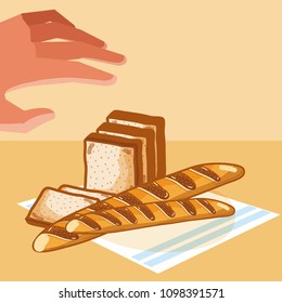 Hand grabbing delicious breads
