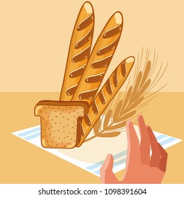 Hand grabbing delicious breads