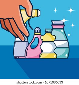 Hand grabbing detergent bottles