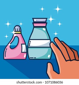 Hand grabbing detergent bottles