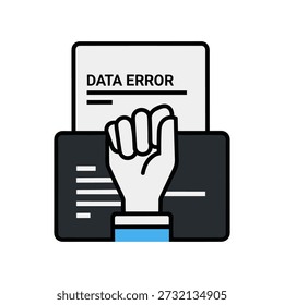 Hand grabbing paper from printer indicating data error representing frustration and technical issues in a modern office setting featuring bold line art and a clean minimalist design with blue accent