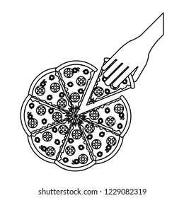 hand grabbing pizza black and white
