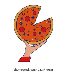 Hand grabbing pizza blue lines