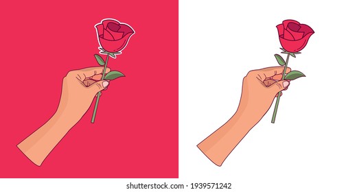 Hand, die eine rote Rose schnappt. Valentinstag. Muttertag, Tag der Liebe. Rose halten, Vektorgrafik der Rose